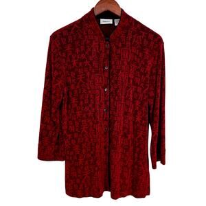 Chicos Travelers Slinky LARGE 2 Red Black Chinese Wearable Art Blouse Shirt Top